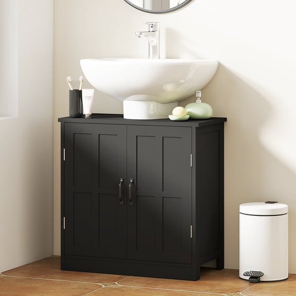kleankin Pedestal Under-Sink Cabinet, Bathroom Storage Unit with Double Doors and Adjustable Shelf, Black