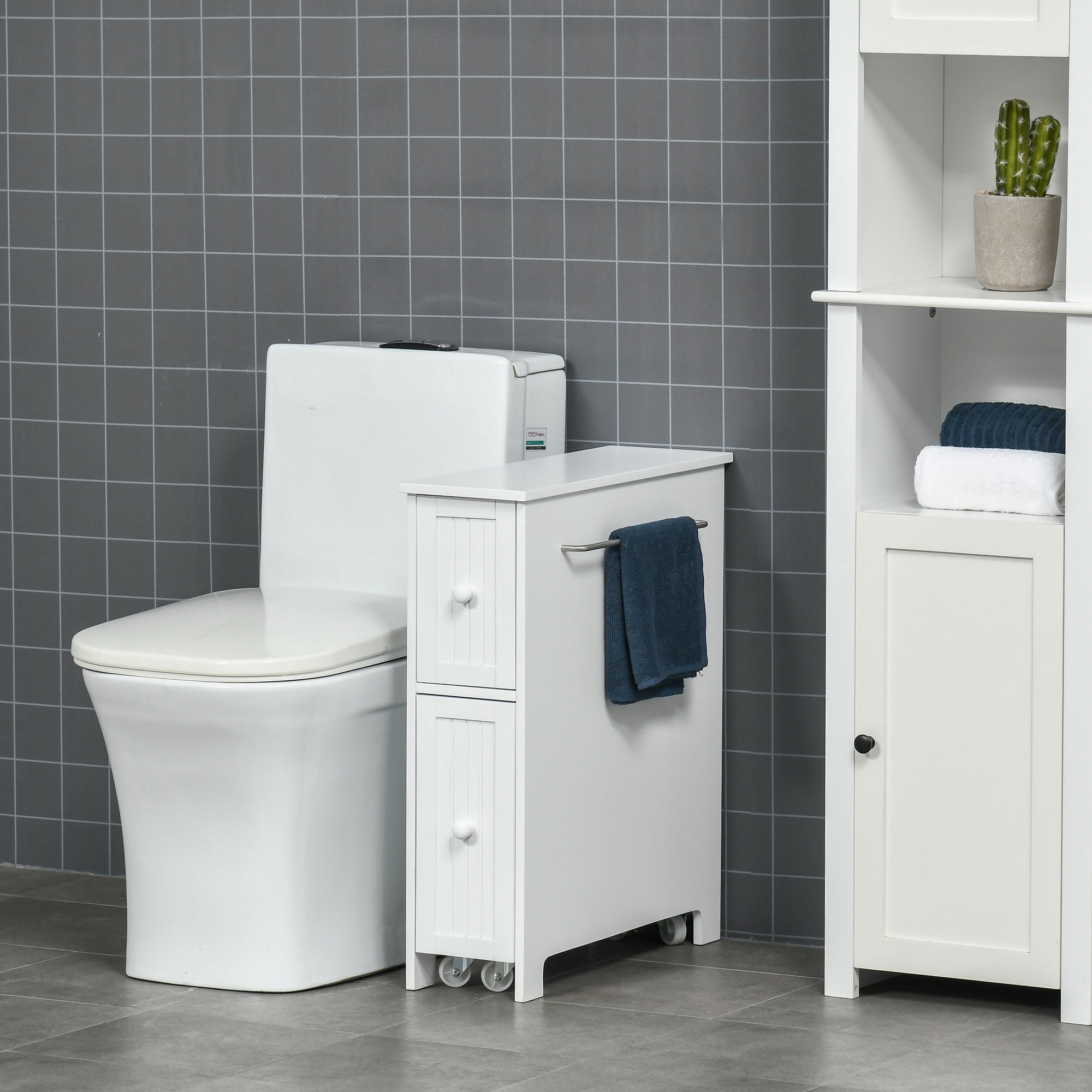 White Slim Freestanding Bathroom Cabinet with Drawers and Towel Rack