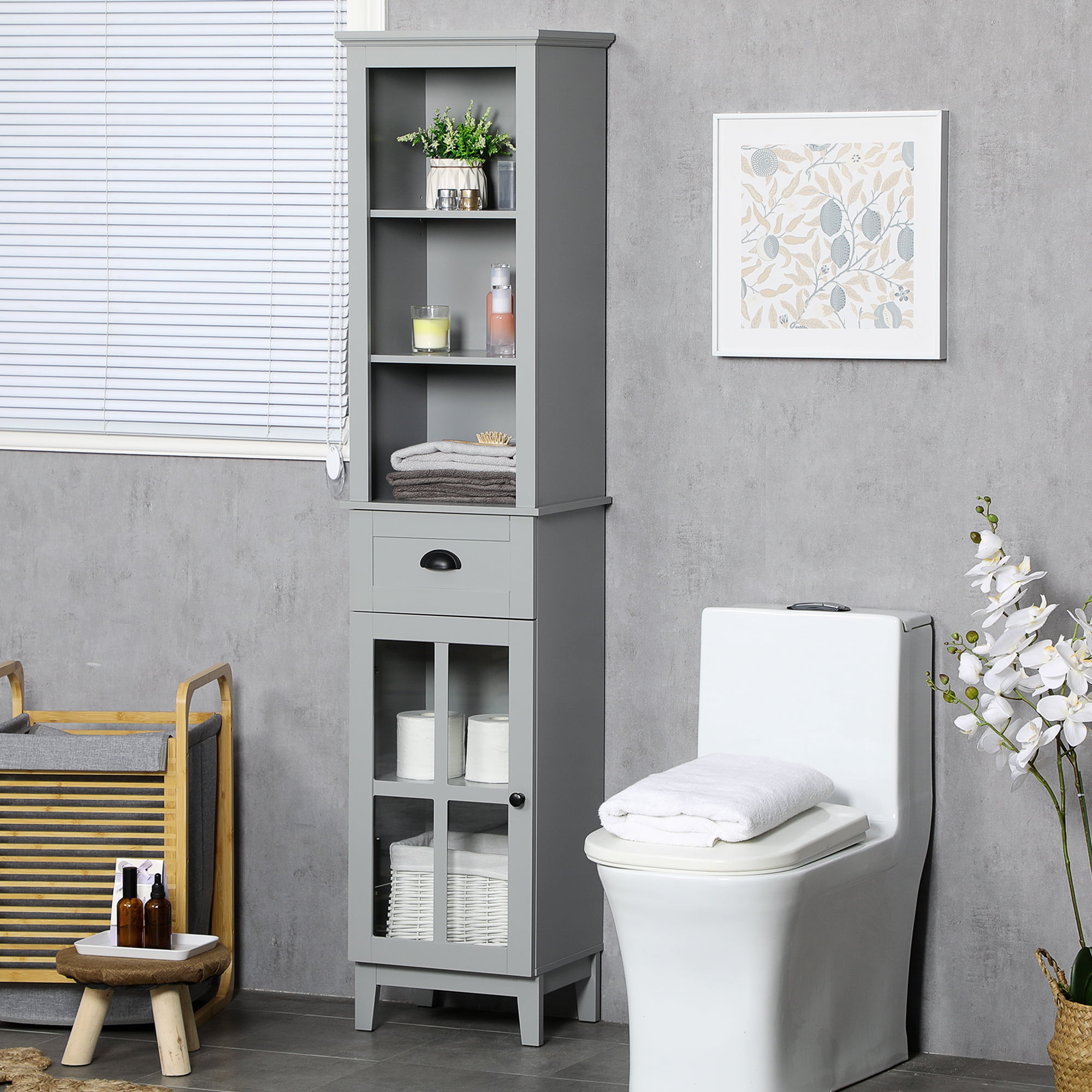 kleankin Slim Standalone Bathroom Cabinet for Small Spaces, Door ...