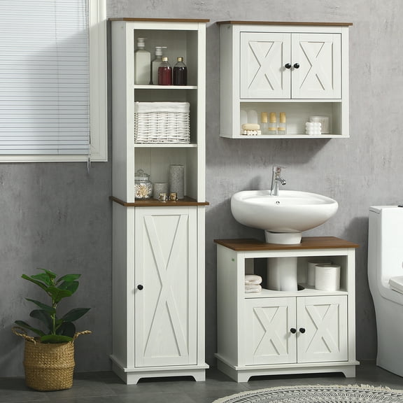 kleankin Slim Bathroom Storage Cabinet with Open Shelves & Cupboard, Freestanding Linen Tower Tall Skinny Bathroom Storage Cabinet Door Shelves, White