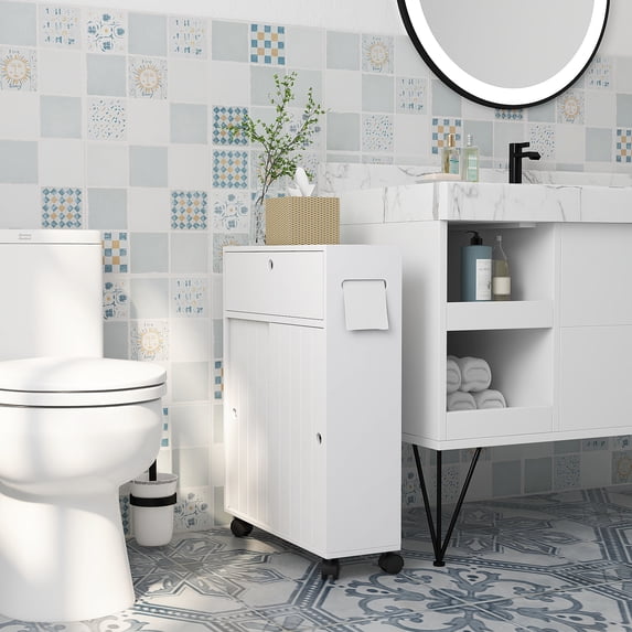 kleankin Small Bathroom Storage Cabinet on Wheels, Slim Toilet Paper Cabinet with 2 Holes, Sliding Doors and Adjustable Shelf, White