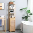 thumbnail image 1 of kleankin Tall Bathroom Cabinet with Drawer and Slatted Shelves, Slim Bamboo Linen Tower with Louvered Door, Natural, 1 of 9