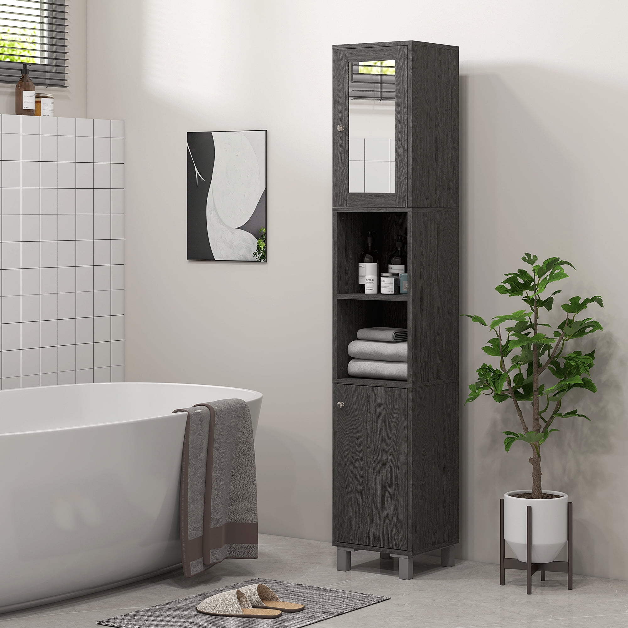 kleankin Tall Bathroom Cabinet with Mirror & Adjustable Shelves, Gray ...