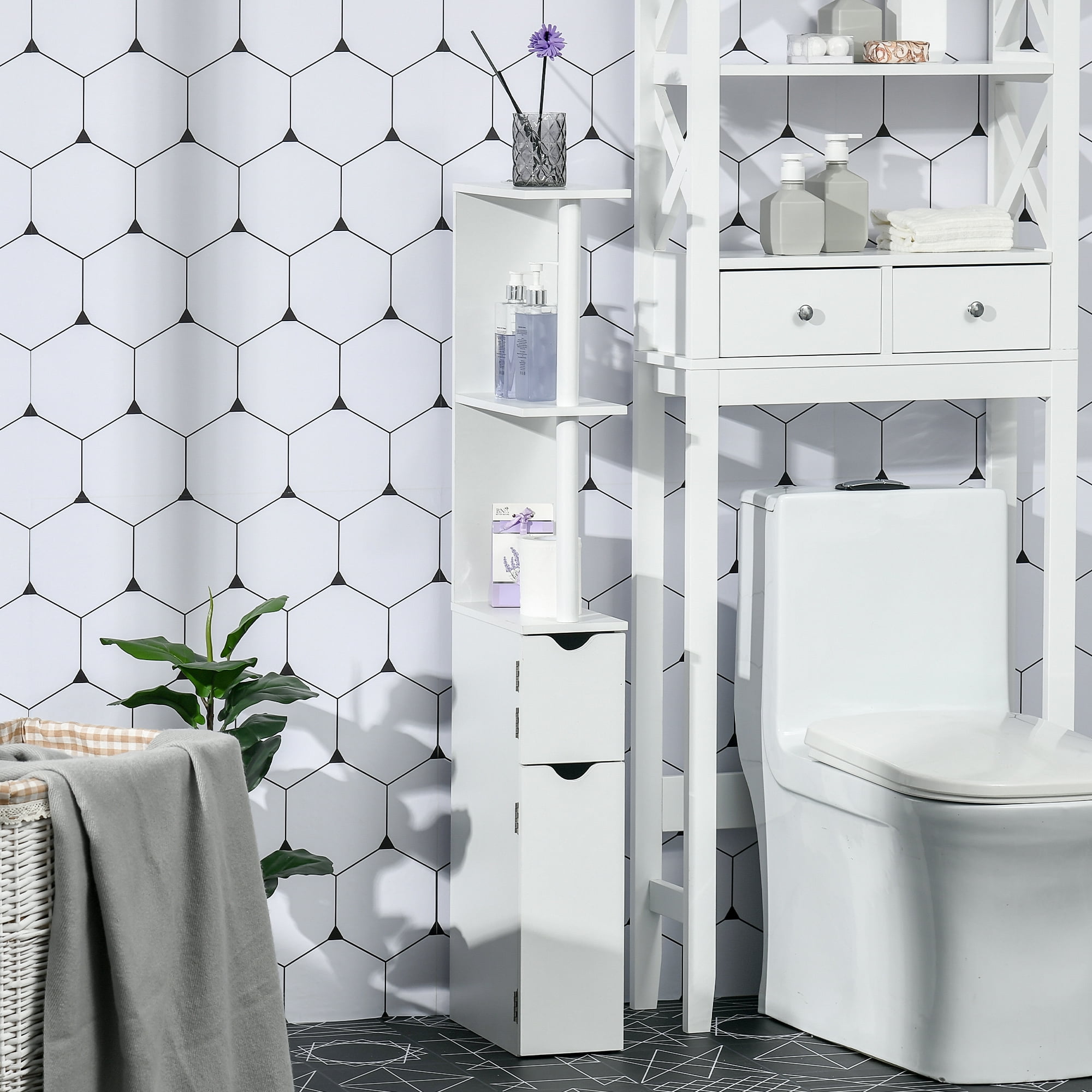 Kleankin Tall Bathroom Cabinet, Freestanding Storage Organizer With Adjustable Shelves And Cupboards 15 X 13 X 63 White~1egjnvnslk801