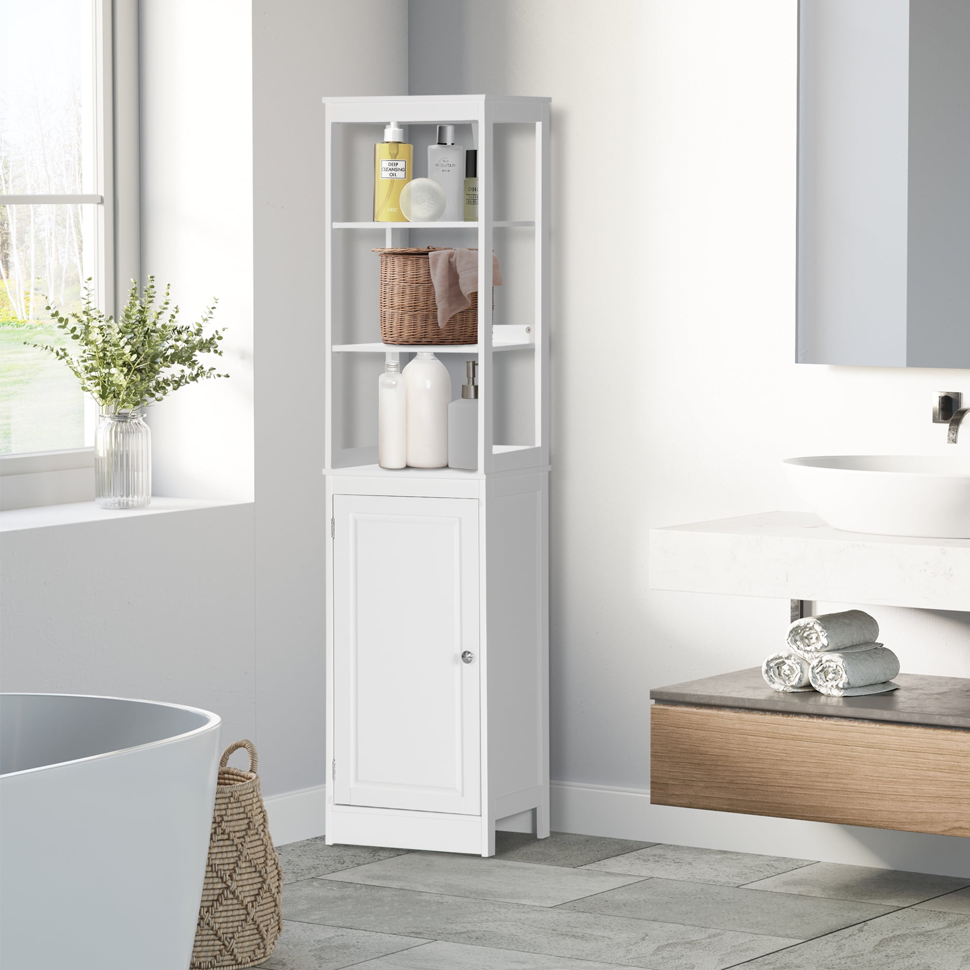 kleankin Tall Bathroom Storage Cabinet, Freestanding Linen Tower with 3 ...