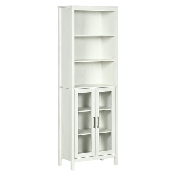 kleankin Tall Bathroom Storage Cabinet with 3 Tier Shelf, Glass Door Cabinet, Freestanding Linen Tower with Adjustable Shelves, Antique White