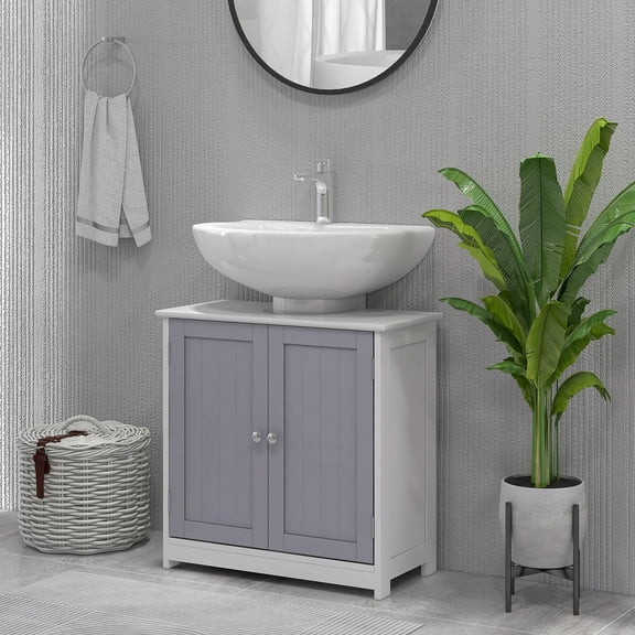 kleankin Vanity Base Cabinet, Under-Sink Bathroom Cabinet Storage with U-Shape Cut-Out and Adjustable Internal Shelf, White and Gray