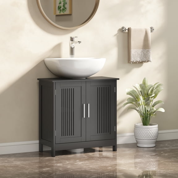 kleankin Vanity Base Cabinet, Under-Sink Bathroom Cabinet Storage with U-Shape Cut-Out and Adjustable Shelf, Black