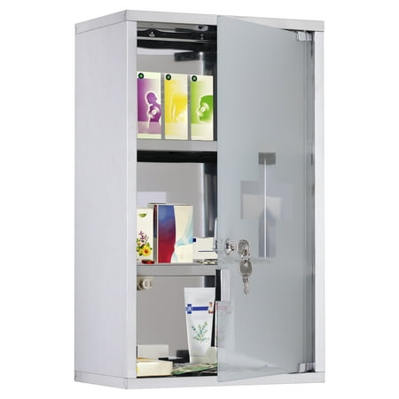 kleankin Wall Mounted Cabinet, Locking Wall Cabinet with 3 Tier Shelves, Stainless Steel Frame and Glass Door, Lockable with 2 Keys, Silver, 12 inchx 20 inch