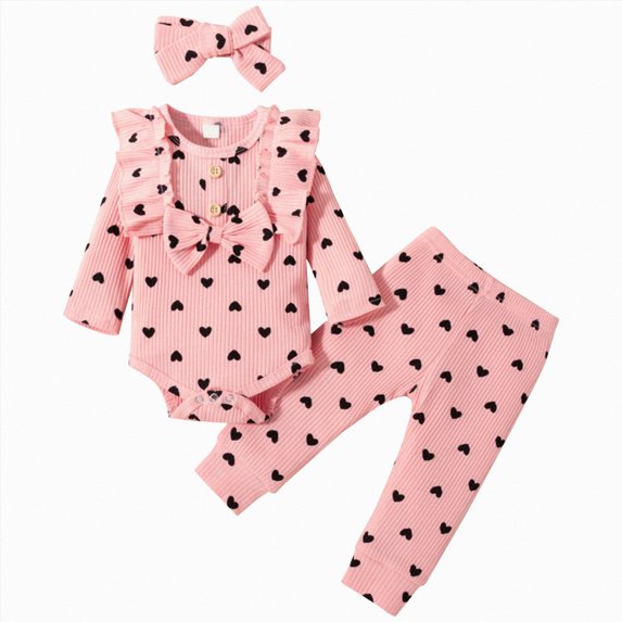 kmaduk Baby Girl Clothes Newborn Infant Fall Winter Outifts Ribbed Ruffle Long Sleeve Romper Pant Outfit Set 3pcs 0-18Months (Pink,0-3 Months)