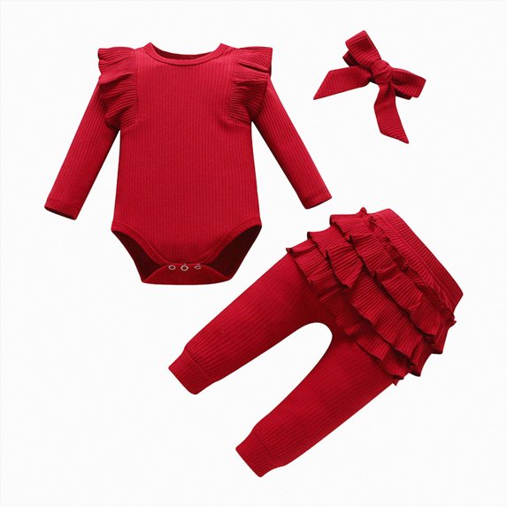 kmaduk Baby Girl Clothes Newborn Romper Long Sleeve Infant Outfits 3Pcs Ruffle Tops + Pants + Headband (Wine,0-3 Months)