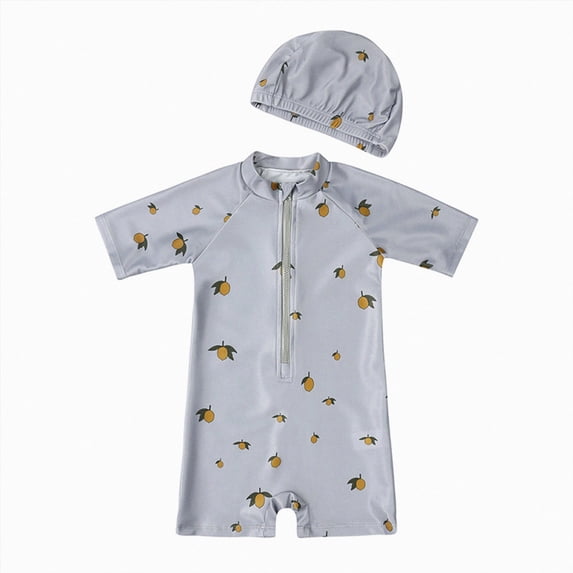 kmaduk Baby Rash Guard Swimsuit Boy Girl with Sun Hat Infant Short Sleeve One Piece Zipper Sunsuit Toddler Swimwear (Grey, 12-18 Months)