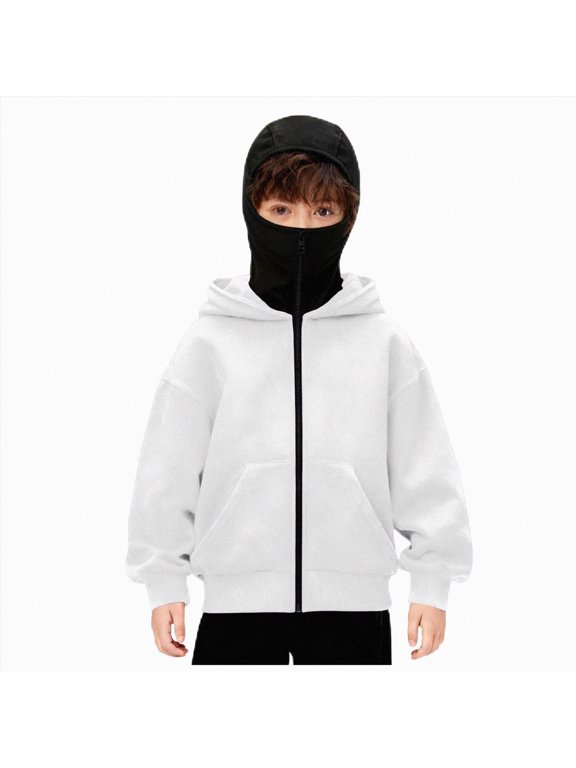 Balaclava Hoodie for Boys Girls Kids Windproof Ski Mask Hoodies Oversized Full Zip Sweatshirt Jacket with Pockets (White, 4-5 Years)