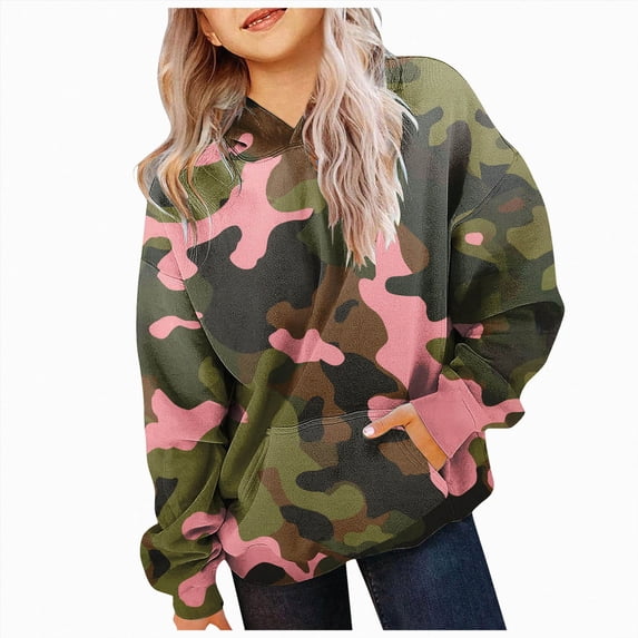 kmaduk Camo Hoodie Kids Cute Hoodies Maple Leaf Print Oversized Drop Shoulder Fleece Hooded Sweatshirt Pullover With Pocket (Pink, 5-6)