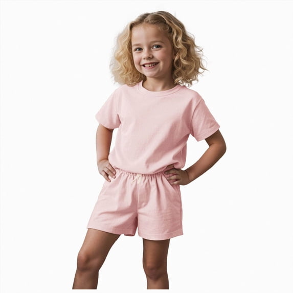 kmaduk Girls 2 Piece Summer Outfits Cap Sleeve T Shirt and Drawstring Shorts Lounge Sets for Girls 5-14 Years Pink,Size 5-6 Years