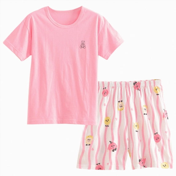 kmaduk Girls Pajama Set 100% Cotton 2 Piece Pjs Short Sleeve Sleepwear for Kids Age 5-14 Years Pink,Size 13-14 Years
