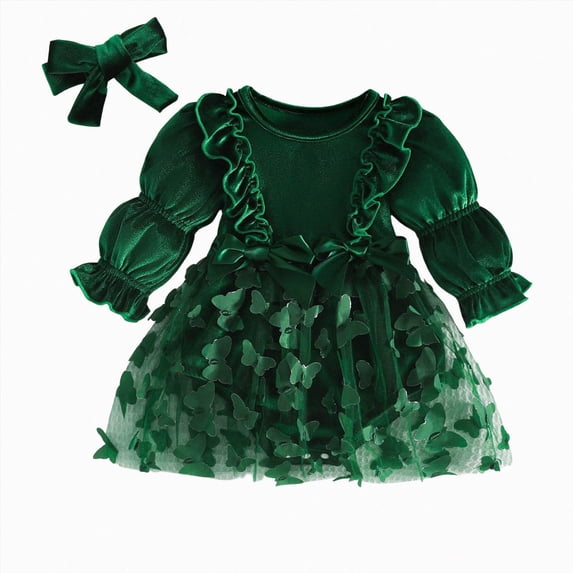 kmaduk Infant Baby Girl Dress Long Sleeve Velvet Ruffle 3D Butterfly Fairy Dress Tulle Cake Smash Dresses Christmas Party Birthday (Green,0-3 Months)