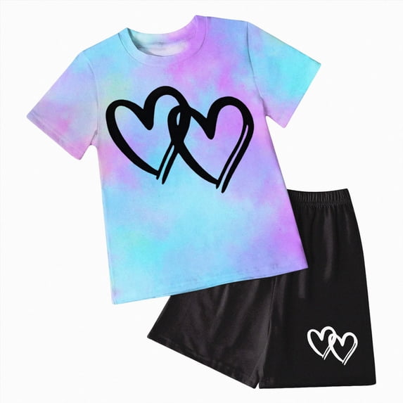 kmaduk Kids Girl Clothes Tie Dye Heart Print Short Sleeve Top and Shorts Toddler Girl Summer Outfits Short Set Blue,Size 7-8 Years