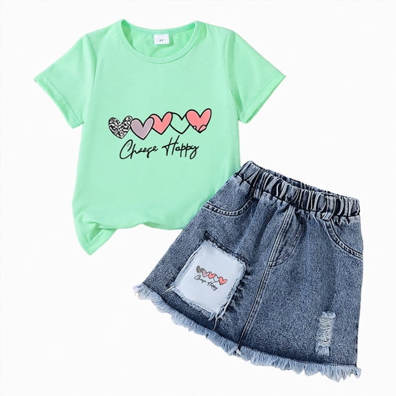 kmaduk Kids Toddler Girls Summer Clothes Leopard Butterfly Print T-Shirt + Belted Denim Jeans Shorts 3PCS Outfits P,Size 3-4 Years