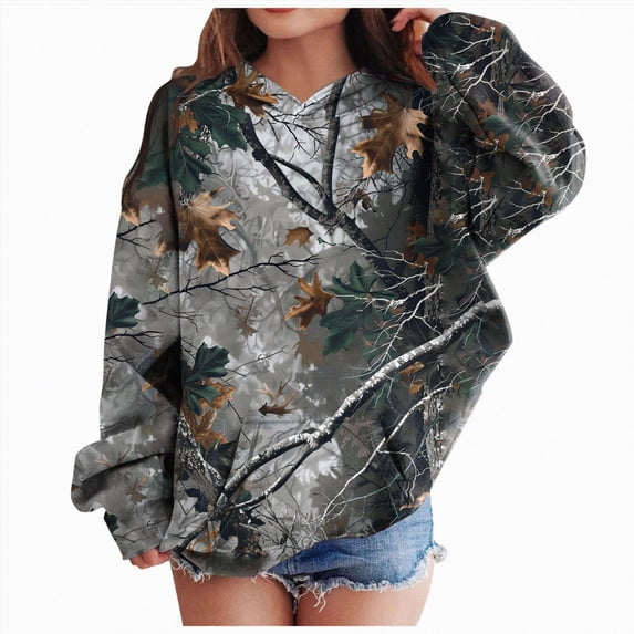 kmaduk Light Camo Hoodies for Teen Girls Cute Sweatshirt Maple Leaf Print Oversized Fleece Sweatshirts Pullover Tops with Pocket (Dark Gray, 11-12 Years)