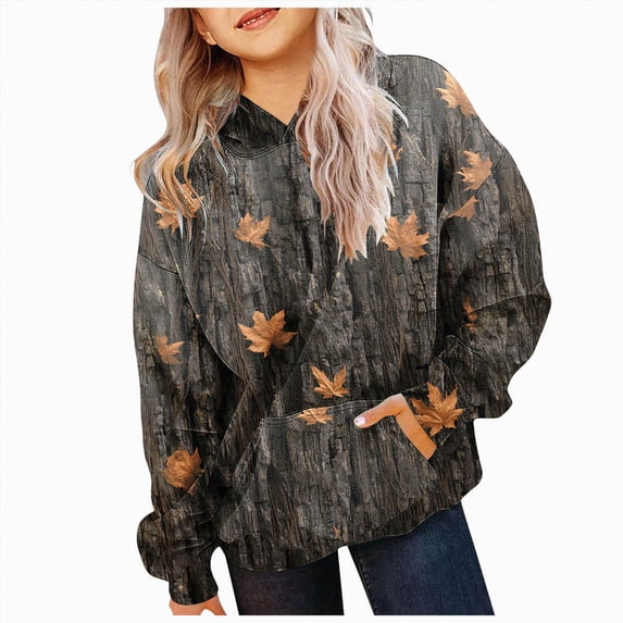 kmaduk Light Camo Hoodies for Teen Girls Cute Sweatshirt Maple Leaf Print Oversized Fleece Sweatshirts Pullover Tops with Pocket (Light Yellow, 7-8 Years)