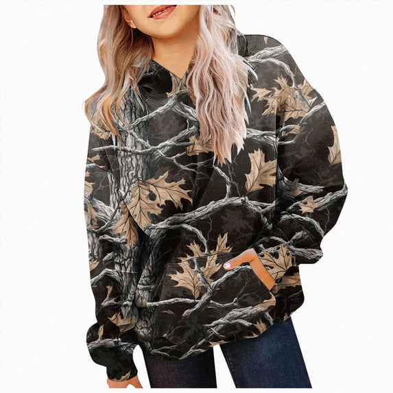 kmaduk Light Camo Hoodies for Teen Girls Cute Sweatshirt Maple Leaf Print Oversized Fleece Sweatshirts Pullover Tops with Pocket (Black, 10-11 Years)