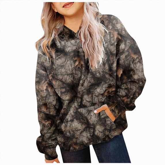 kmaduk Light Camo Hoodies for Teen Girls Cute Sweatshirt Maple Leaf Print Oversized Fleece Sweatshirts Pullover Tops with Pocket (Black, 10-11 Years)