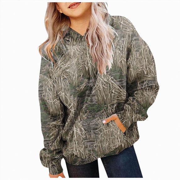 kmaduk Light Camo Hoodies for Teen Girls Cute Sweatshirt Maple Leaf Print Oversized Fleece Sweatshirts Pullover Tops with Pocket (Grey, 2-3 Years)