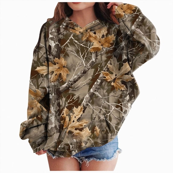 kmaduk Light Camo Hoodies for Teen Girls Cute Sweatshirt Maple Leaf Print Oversized Fleece Sweatshirts Pullover Tops with Pocket (Khaki, 2-3 Years)
