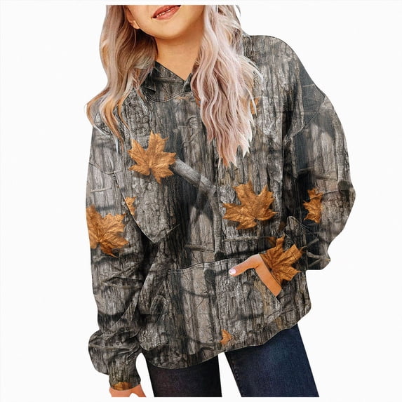 kmaduk Light Camo Hoodies for Teen Girls Cute Sweatshirt Maple Leaf Print Oversized Fleece Sweatshirts Pullover Tops with Pocket (Yellow, 7-8 Years)