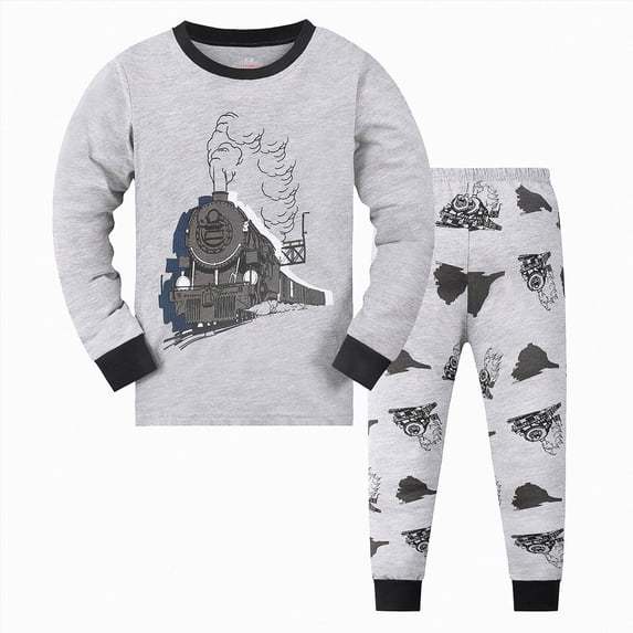 kmaduk Little Boys Pajamas for Toddler Clothes Set Train Sleepwear Long Sleeve 100% Cotton 2 Piece Kids Pjs Size 1-10 Years (Grey, 5-6 Years)