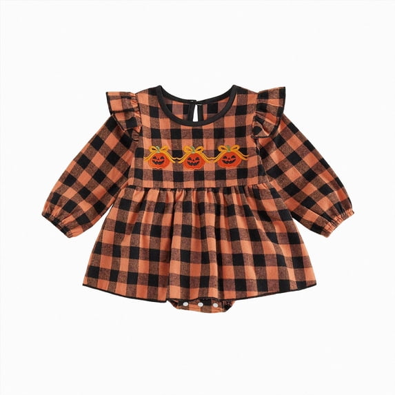 kmaduk Newborn Baby Girl Halloween Outfit Bow Bubble Romper Long Sleeve Jumpsuit Cute Infant Girl Clothes (Orange,12-18 Months)