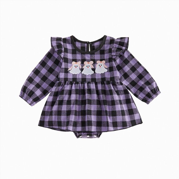 kmaduk Newborn Baby Girl Halloween Outfit Bow Bubble Romper Long Sleeve Jumpsuit Cute Infant Girl Clothes (Purple,6-12 Months)