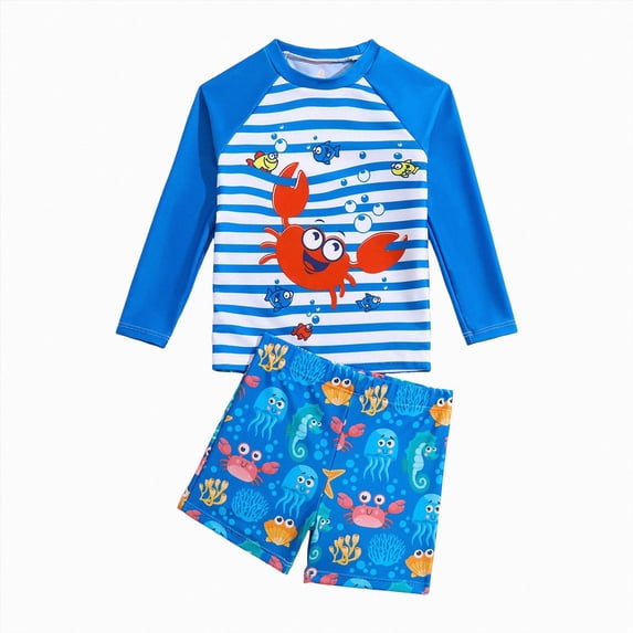 kmaduk Toddler Baby Boys Long Sleeve Rashguard Swimsuit 2 Piece Set Swim Shirt Trunks Bathing Suit (Blue, 5-6 Years)
