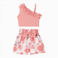 thumbnail image 1 of kmaduk Toddler Baby Girl Clothes Summer Outfits Ruffle Sleeveless Linen Shirt Kid Short Set for Girl Pink,Size 5-6 Years, 1 of 4