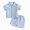 thumbnail image 1 of kmaduk Toddler Boys Girls 2Pcs Linen Clothes Set Button Down Short Sleeve Polo Shirt+Elastic Gauze Shorts Summer Outfit Blue,Size 6-12 Months, 1 of 6