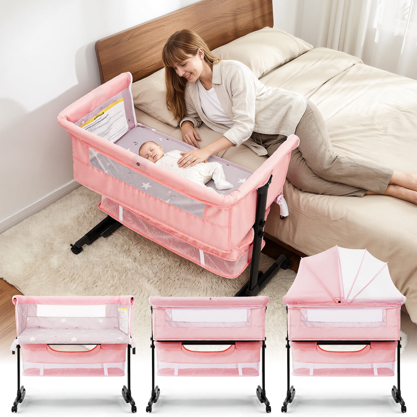 kmaier Baby Bassinet Bedside Crib Foldable Portable with Adjustable Height, Wheels, and Storage Basket,Pink