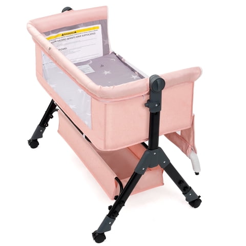 kmaier Baby Bassinet Sleeper, Adjustable Bedside Sleeper, Breathable Mesh with Wheels for 0-18 Months-Pink