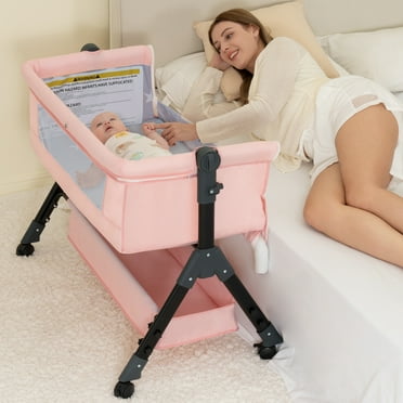 kmaier Baby Bassinet Sleeper, Adjustable Bedside Sleeper, Breathable Mesh with Wheels for 0-18 Months-Pink