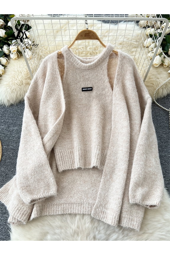 knit sweater pullover crew neck sweater • warm sweater cozy sweater SINGREINY Fashion Solid Cashmere Sweater Long Sleeves Loose Warm Cardigan+Sleeveless Knitting Tank Top Winter Gentle Casual Tops