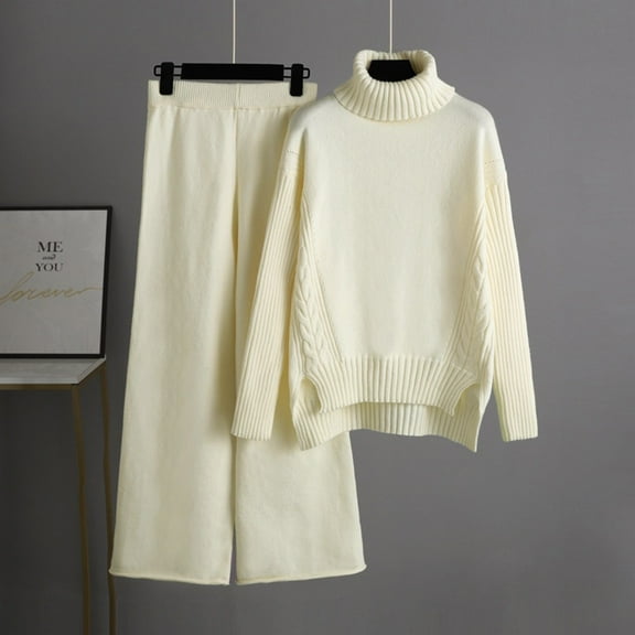 knit sweater sets women 2 piece outfits turtleneck slim fit pullover wide leg pants solid color lonuge sets (Free Size, Beige)