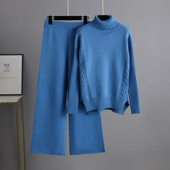 knit sweater sets women 2 piece outfits turtleneck slim fit pullover wide leg pants solid color lonuge sets (Free Size, Blue)