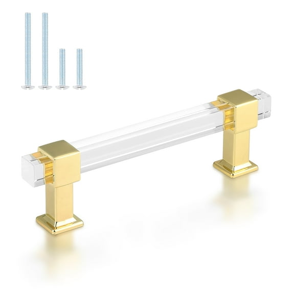 knobelite 20 Pack 4 Inch Hole Center Kitchen Cabinet Handles, Gold Drawer Pulls with Square Acrylic Tube and Zinc Alloy Base, Cabinet Pulls for Bedroom and Bathroom Cabinets