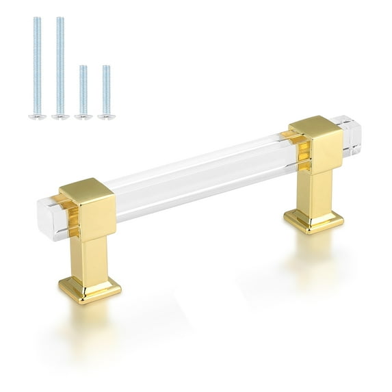 knobelite 20 Pack Cabinet Pulls with Square Acrylic Tube, 3-3/4 Inch Hole Center Kitchen Cabinet Handles, Gold Zinc Alloy Cabinet Pulls, Drawer Pulls for Bedroom and Bathroom Cabinets