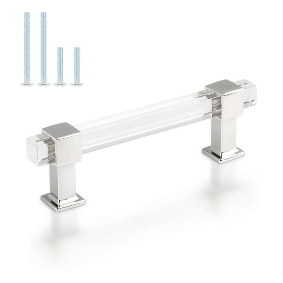 knobelite 30 Pack 3-3/4 Inch Hole Center Cabinet Pulls Polished Chrome Kitchen Cabinet Handles, Zinc Alloy with Clear Square Acrylic Drawer Knobs for Bedroom Cabinets and Cupboards