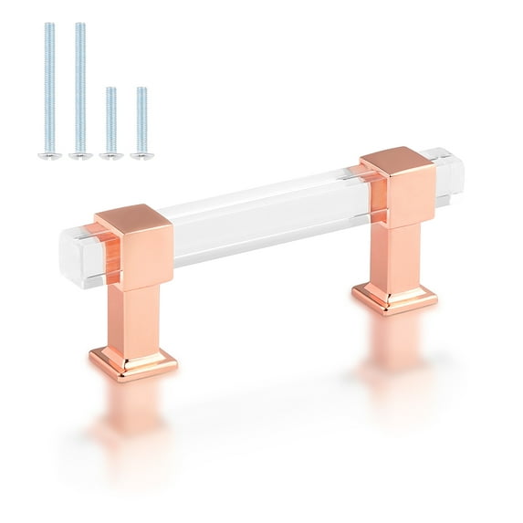 knobelite 5 Pack Kitchen Cabinet Handles Cabinet Pulls 3 inch Hole Center Square Square Acrylic Clear Crystal Cabinet Handles with Rose Gold Zinc Alloy Base, Drawer Pulls for Kitchen Cabinet Cupboard
