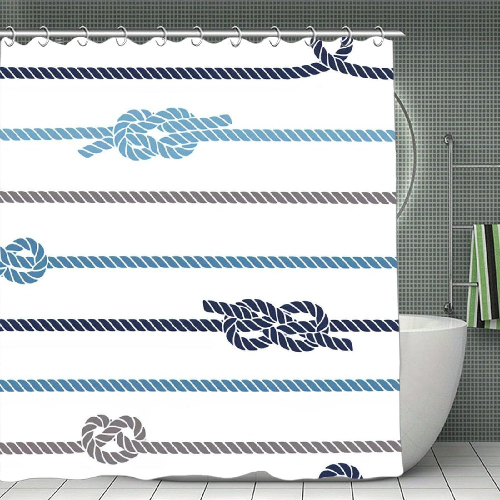 knots and rope sea and nautical blue string ship boat Shower Curtain，Washable Waterproof Bathroom Shower Curtain Set With Hooks,71x71 Inch
