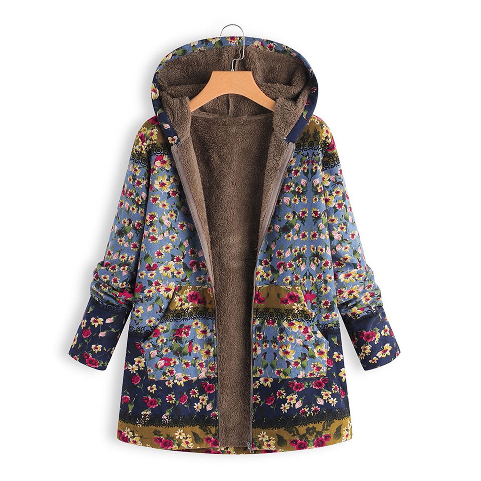 Ethnic printed faux fur hooded fleece autumn winter coat hotsell