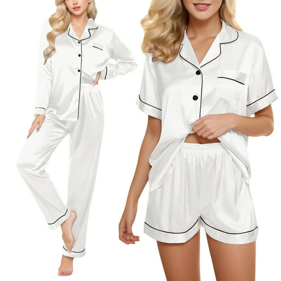 knqrhpse Pajamas for Women Set Silk Pajamas Satin Pyjamas Women Short 4 Piece Pyjamas Short Sleeve Sleepwear And Shorts Set Womens Pajama Sets 2 Piece Sets for Women White XL