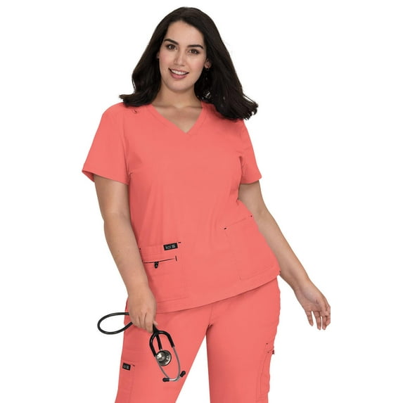 koi Basics Becca Women's 4-Pocket Stretch Scrub Top Coral 5XL